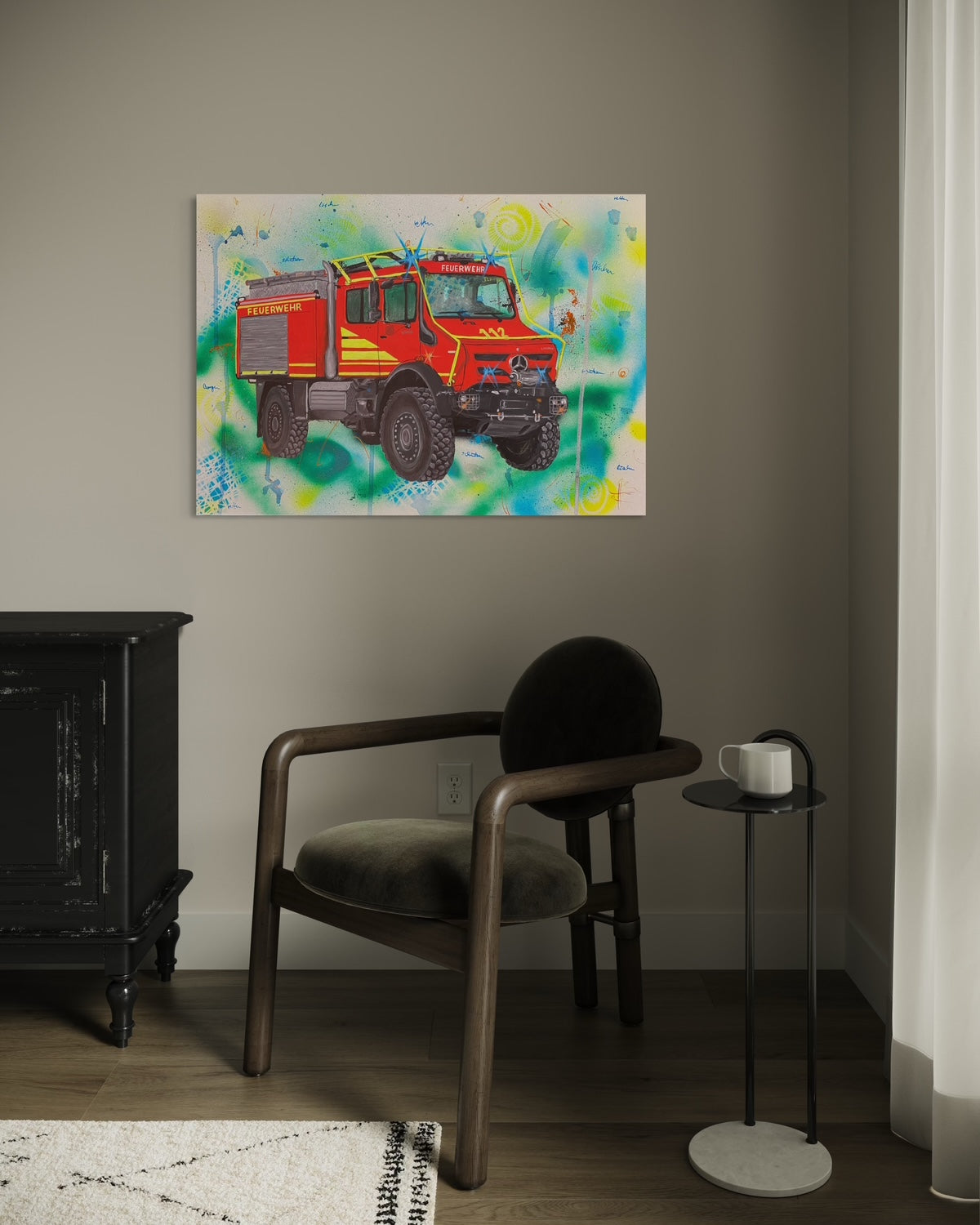Handgemaltes Feuerwehrbild "Unimog Waldbrand"