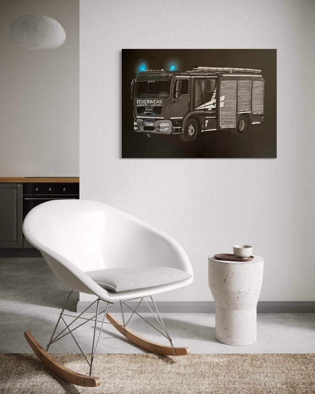 Handgemaltes Feuerwehrbild "HLF 20" Schwarz-Weiß