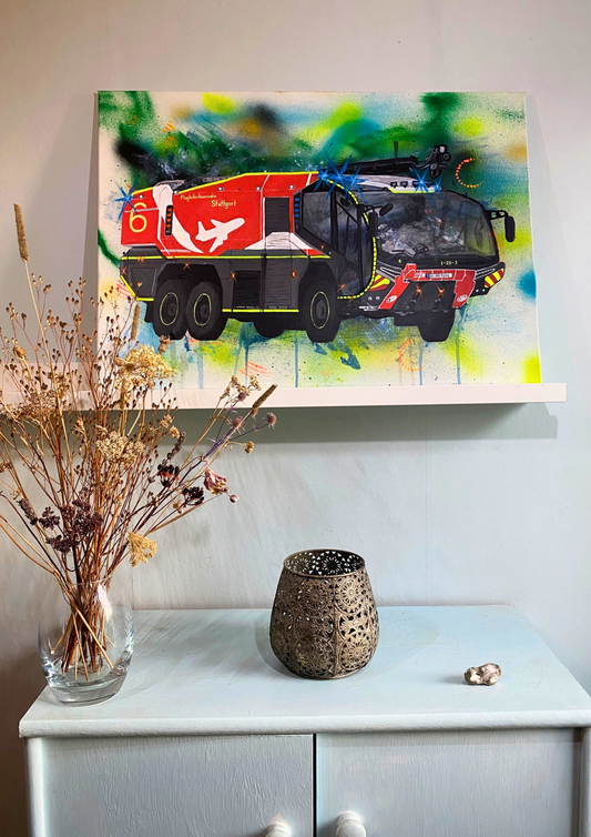 Handgemaltes Feuerwehrbild "Gigant der Landebahn"
