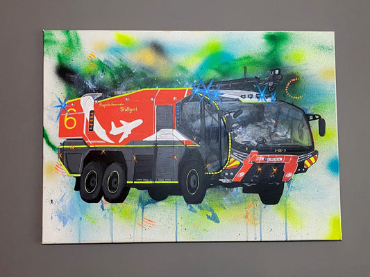 Flughafenlöschfahrzeug auf farbenfroher Leinwand