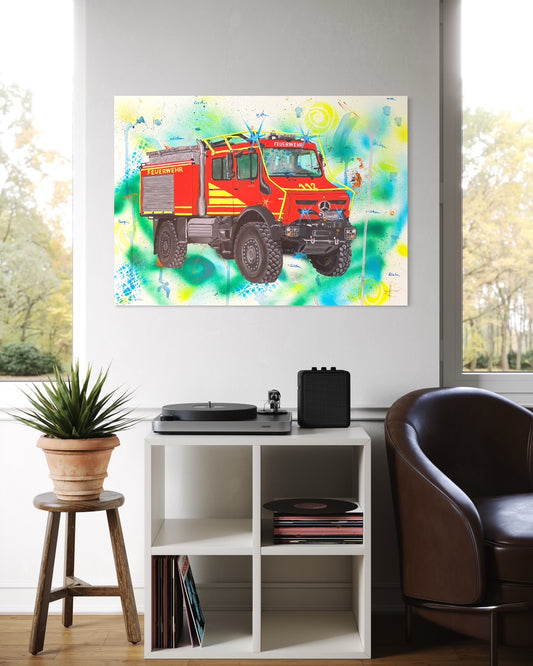 Handgemaltes Feuerwehrbild "Unimog Waldbrand"