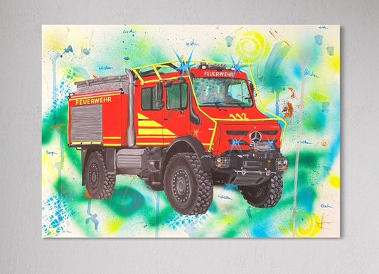 Handgemaltes Feuerwehrbild "Unimog Waldbrand"