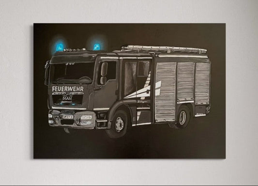 Handgemaltes Feuerwehrbild "HLF 20" Schwarz-Weiß