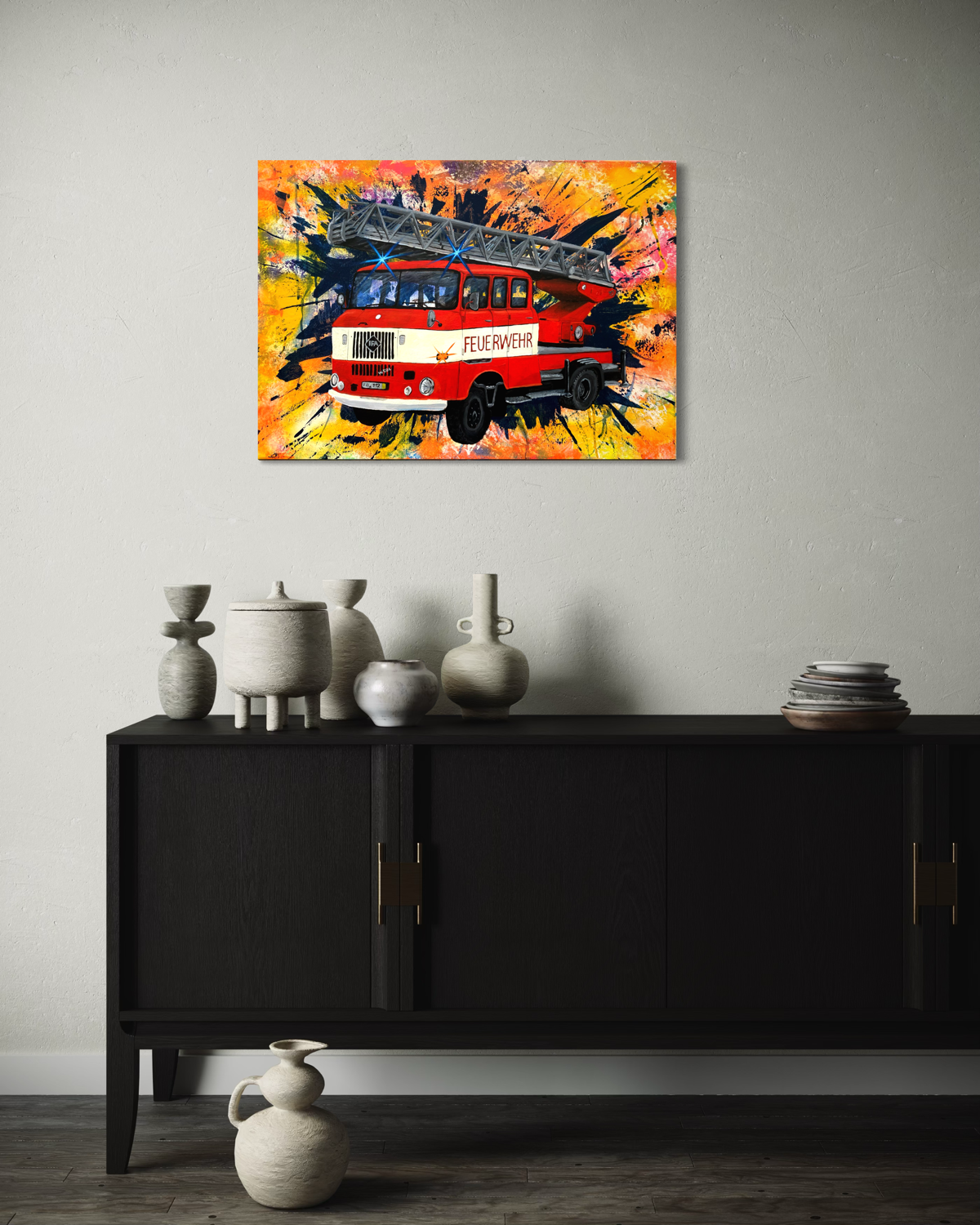 Handgemaltes Feuerwehrbild "DL 30 W50" DDR Feuerwehrauto