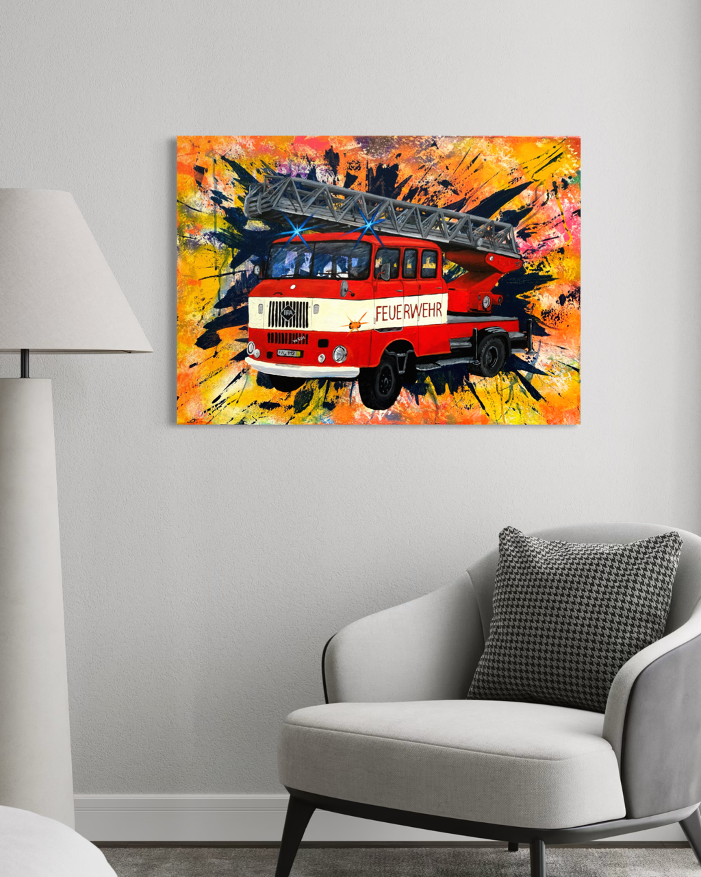 Handgemaltes Feuerwehrbild "DL 30 W50" DDR Feuerwehrauto