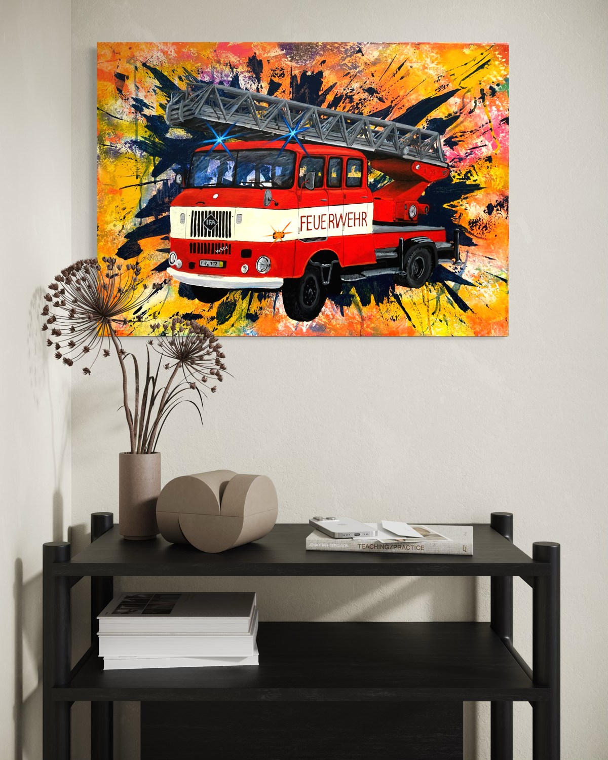 Handgemaltes Feuerwehrbild "DL 30 W50" DDR Feuerwehrauto